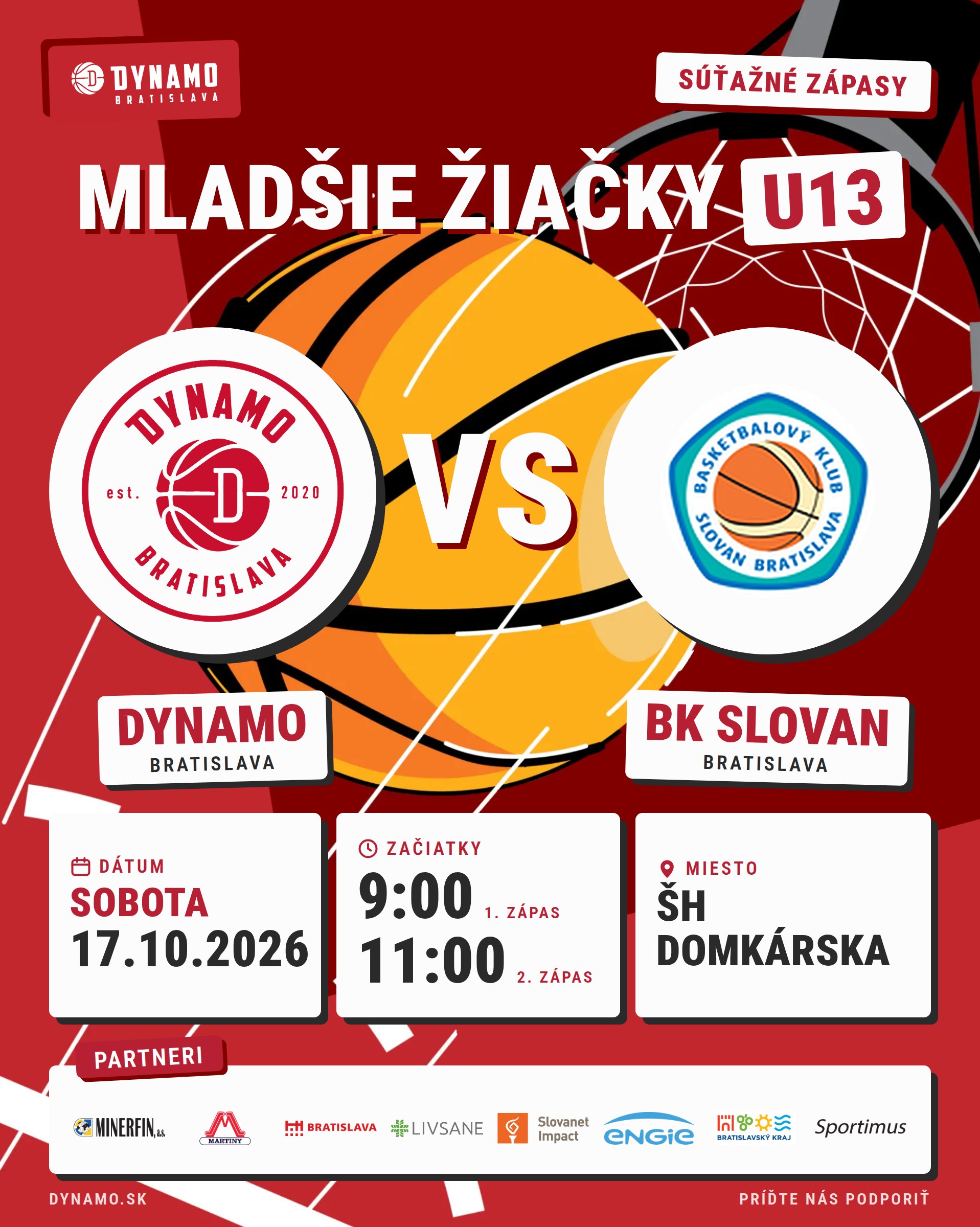 Plagát: DYNAMO Bratislava vs BK Slovan Bratislava, mladšie žiačky U13, 17.10.2026